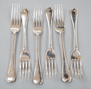A set of six Edwardian silver Hanovarian pattern table forks, Walker & Hall, Sheffield, 1909, 14oz.